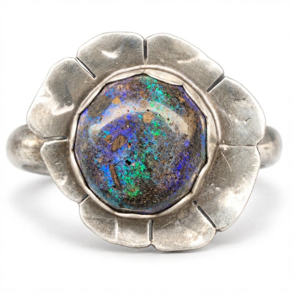 Handmade Andamooka Matrix Opal Blue Green Flower Ring Sterling Silver Size 9